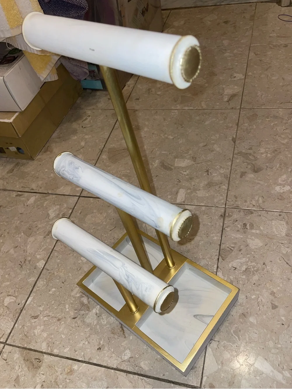 Three-Tier Jewelry Display Stand in White Marble Finish and Gold